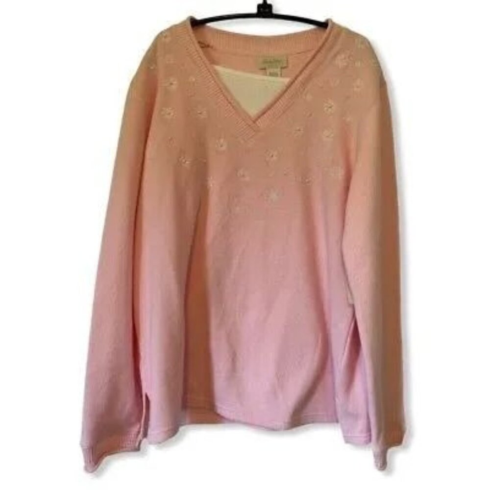 Studio Works Women's Pullover Sweater Pink Floral Embroidered Beaded V Neck L